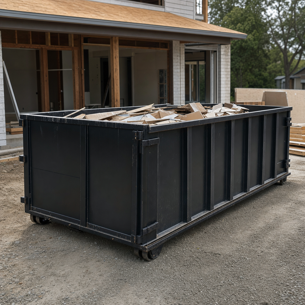 Large matte-black 30-yard construction roll-off dumpster at an active Ontario jobsite, steel-gray top rails and bottom rollers visible, loaded with construction debris.