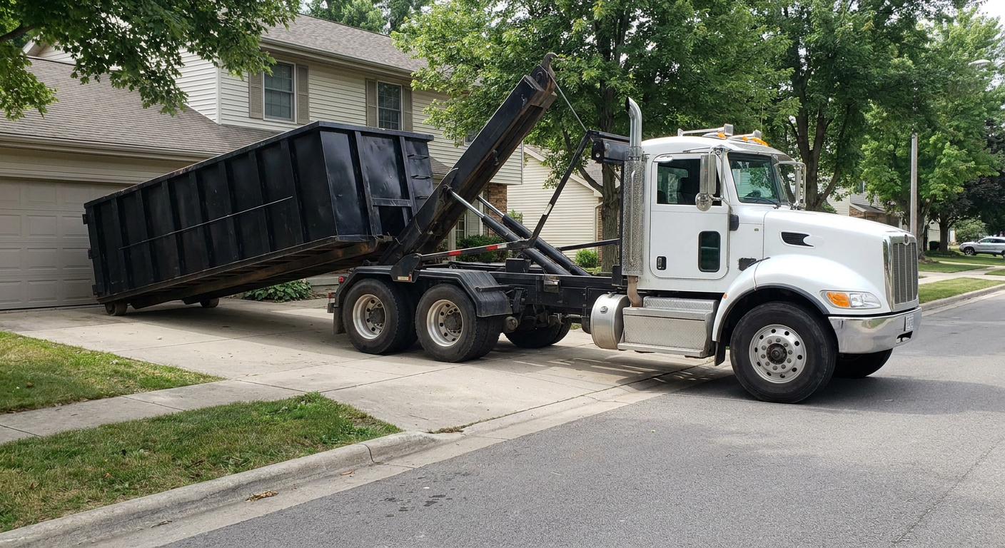 White-cab hooklift roll-off truck actively lowering a matte-black dumpster onto a Ontario residential concrete driveway, the dumpster's rear wheels touching the driveway as the hoist arm tilts the bed forward, mid-morning daylight.