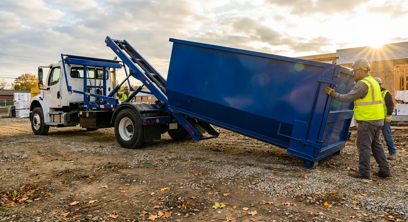 Construction dumpster delivery truck at job site in Ontario, CA
