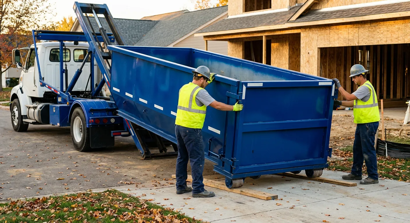 Roll-off dumpster delivery truck in residential area in Ontario, CA