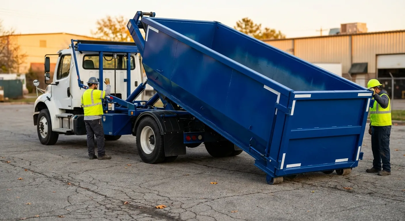 Roll-off dumpster rental truck protecting driveway surfaces in Ontario, CA