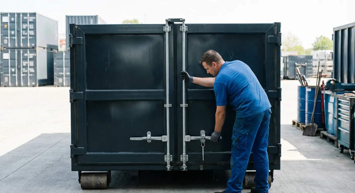 Dumpster walk-in loading door open showing easy access in Ontario, CA